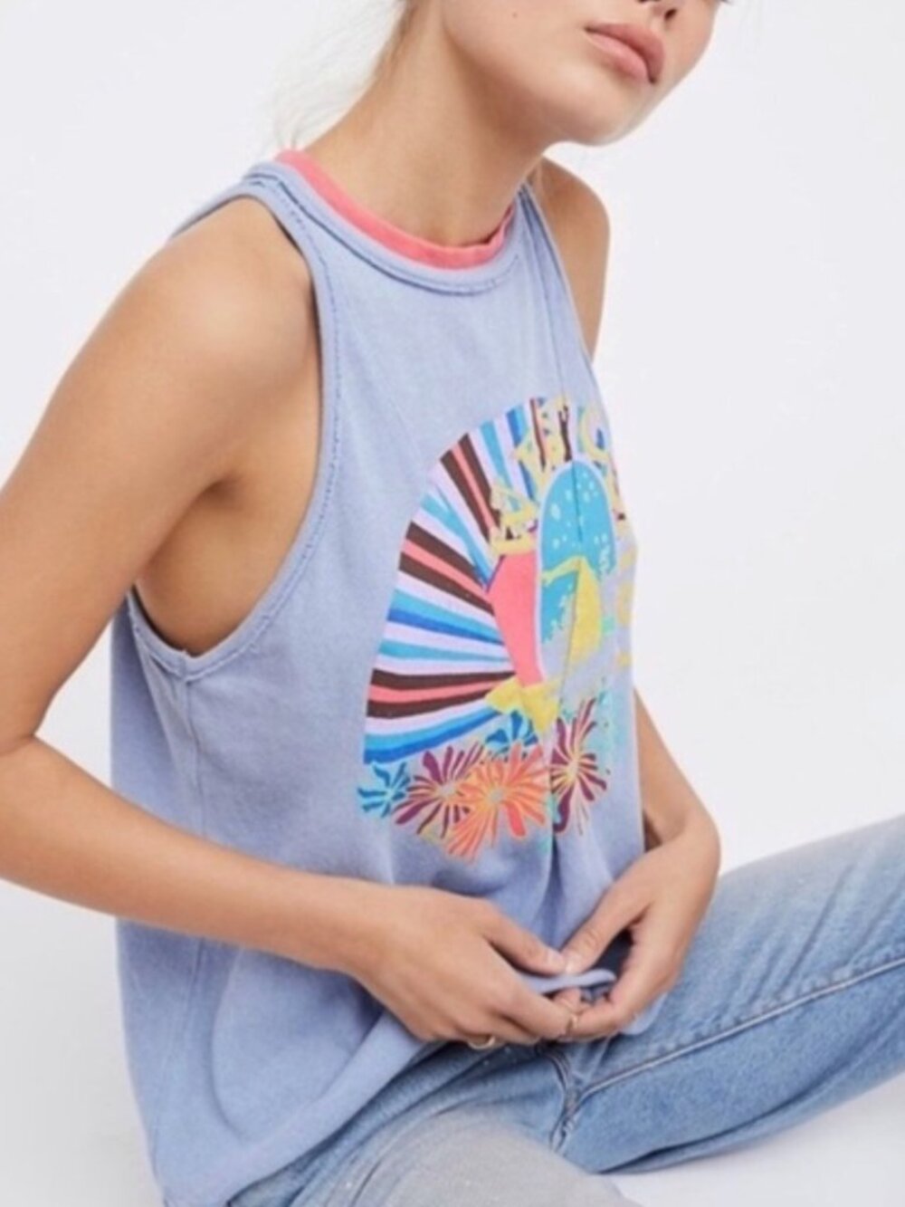 Free People We The Free West Coast Graphic Tank Blue Pink Vintage Tag XS